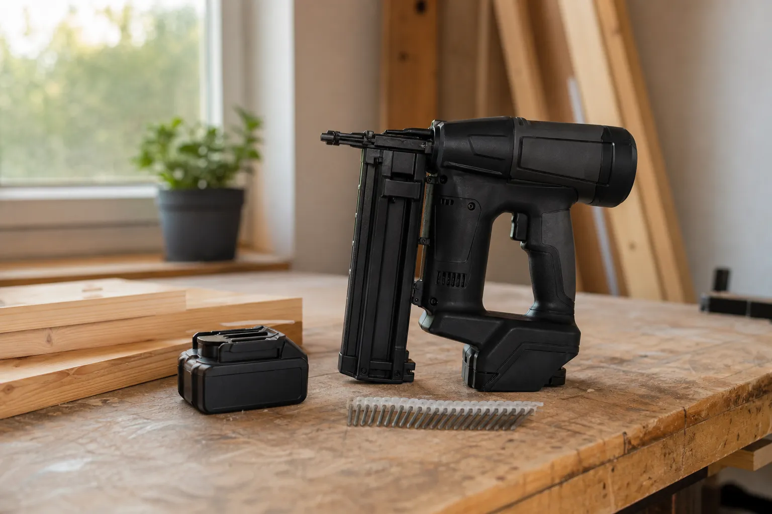 Batteridriven spikpistol med löst batteri och en bunt spik på en arbetsbänk