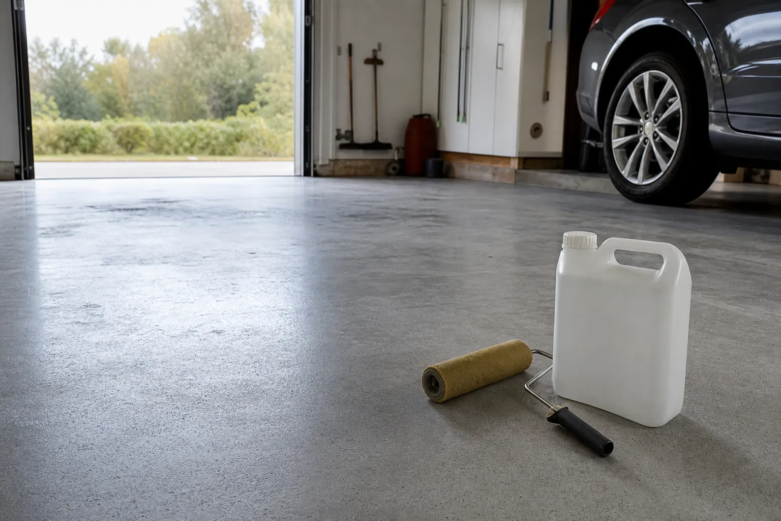 Grått garagegolv i betong med en behållare impregneringsmedel och rulle vid sidan