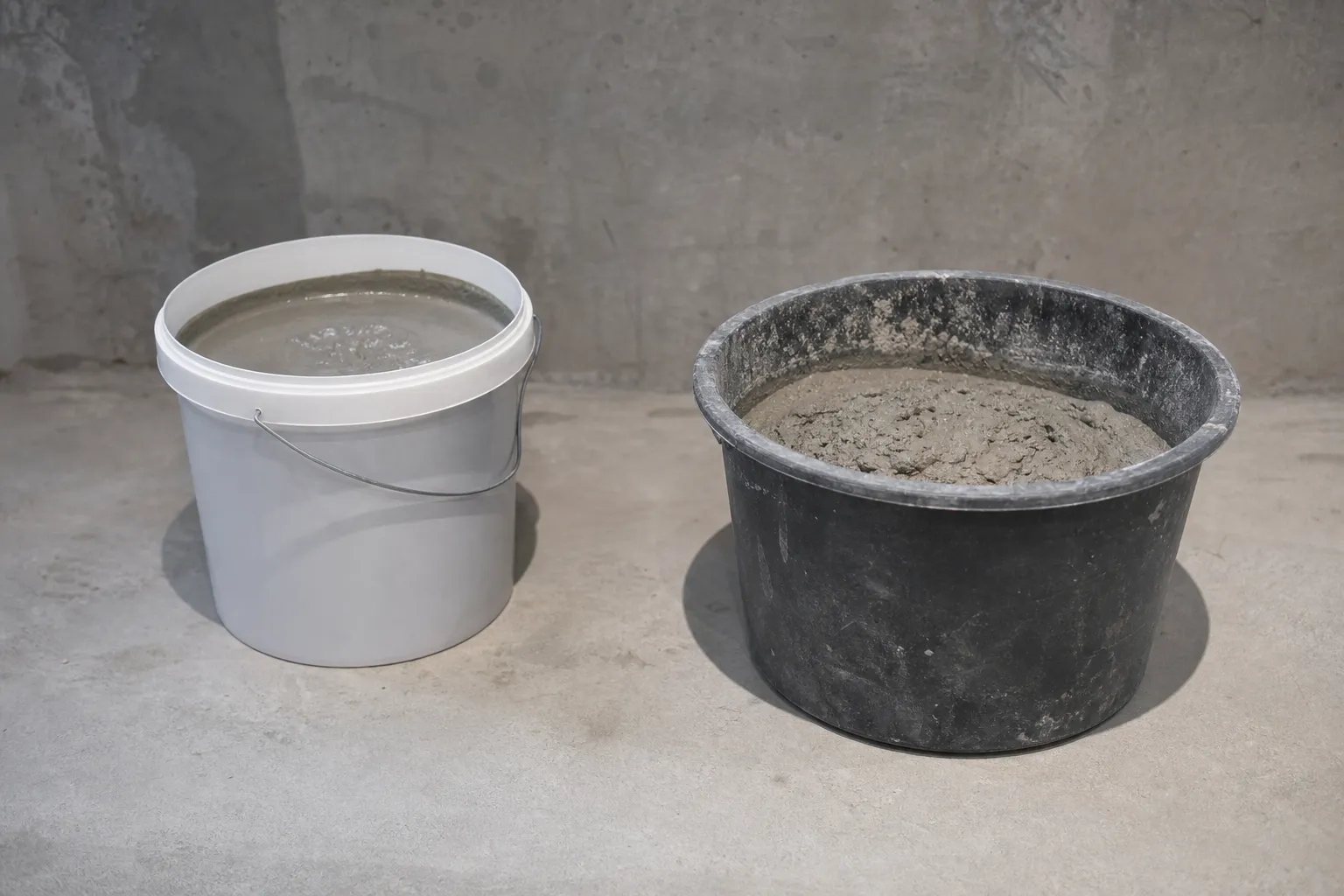 Två behållare med betongskyddsprodukter uppställda bredvid varandra på ett betonggolv