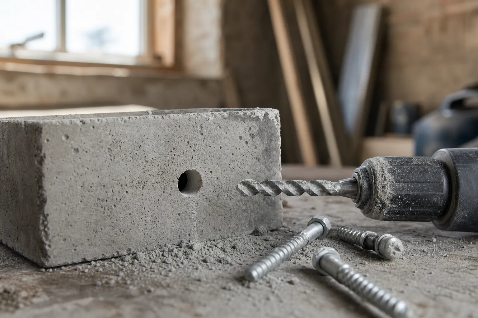 Betongskruvar bredvid en borrad betongkloss i en verkstadsmiljö