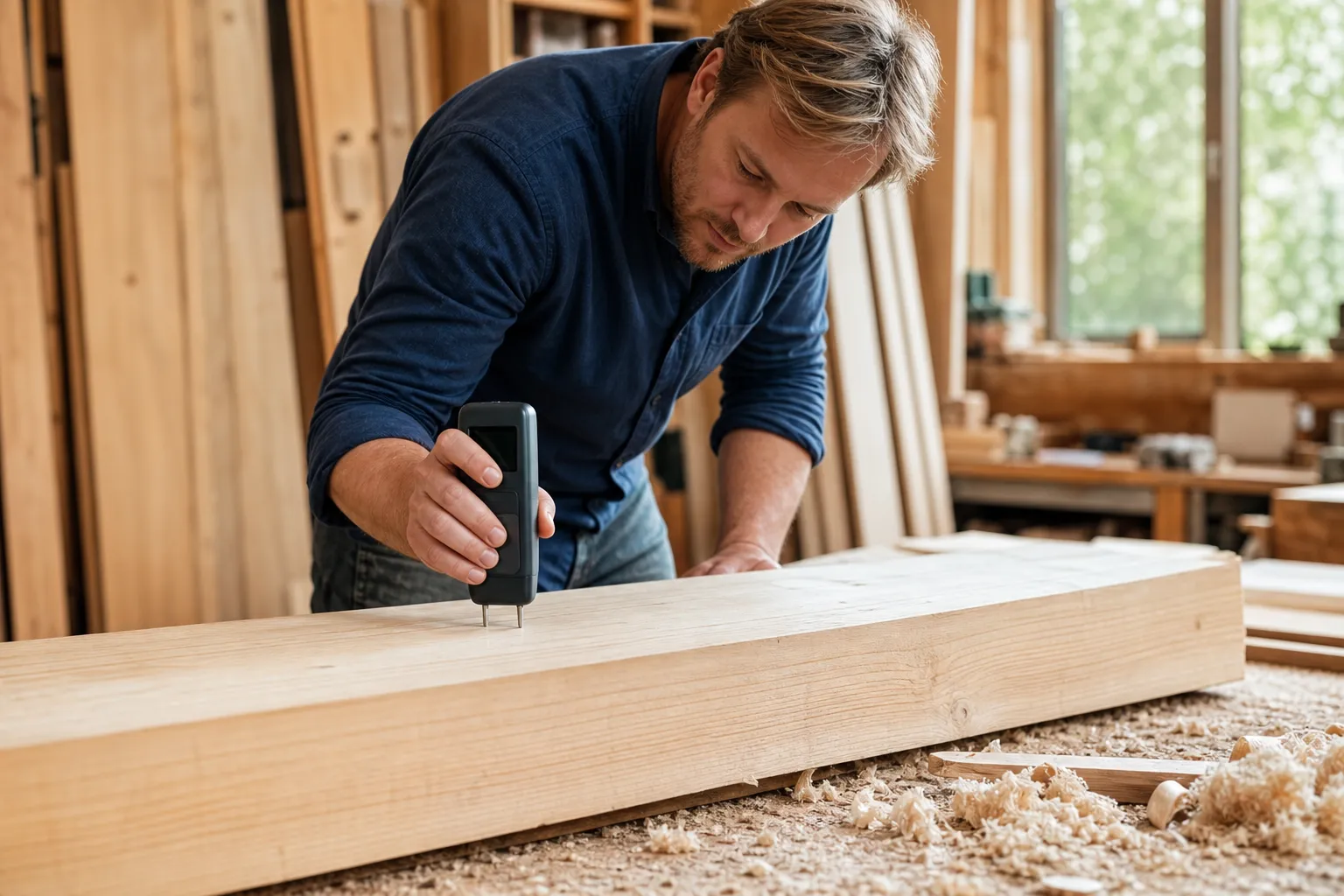 Fuktmätare för trä placerad mot en planka i en snickeriverkstad