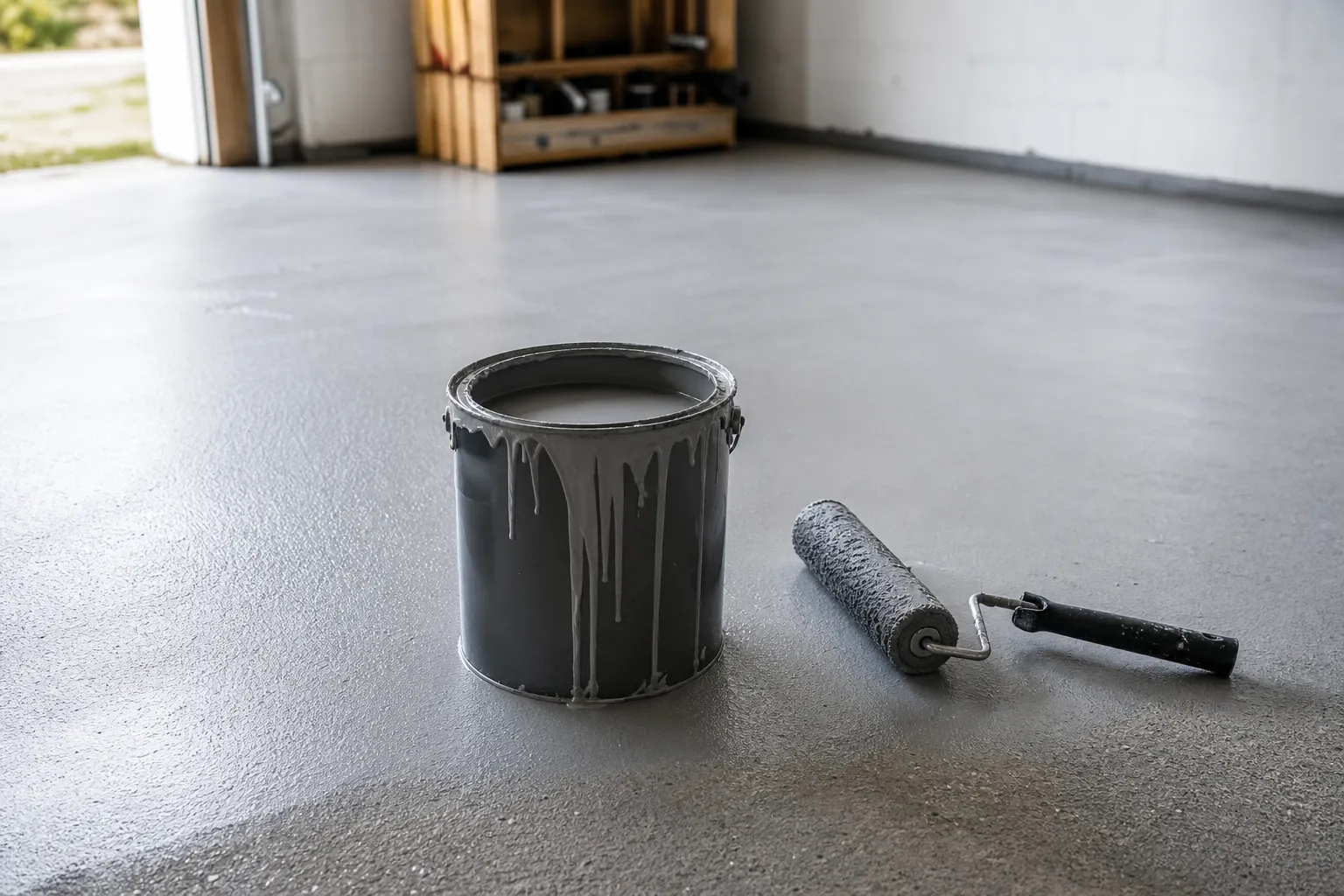 Burk med betonggolvfärg och pensel på ett grått betonggolv