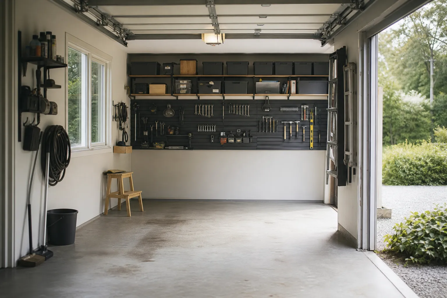 Garage med väggmonterad verktygsförvaring och hyllsystem ovanför en bilplats