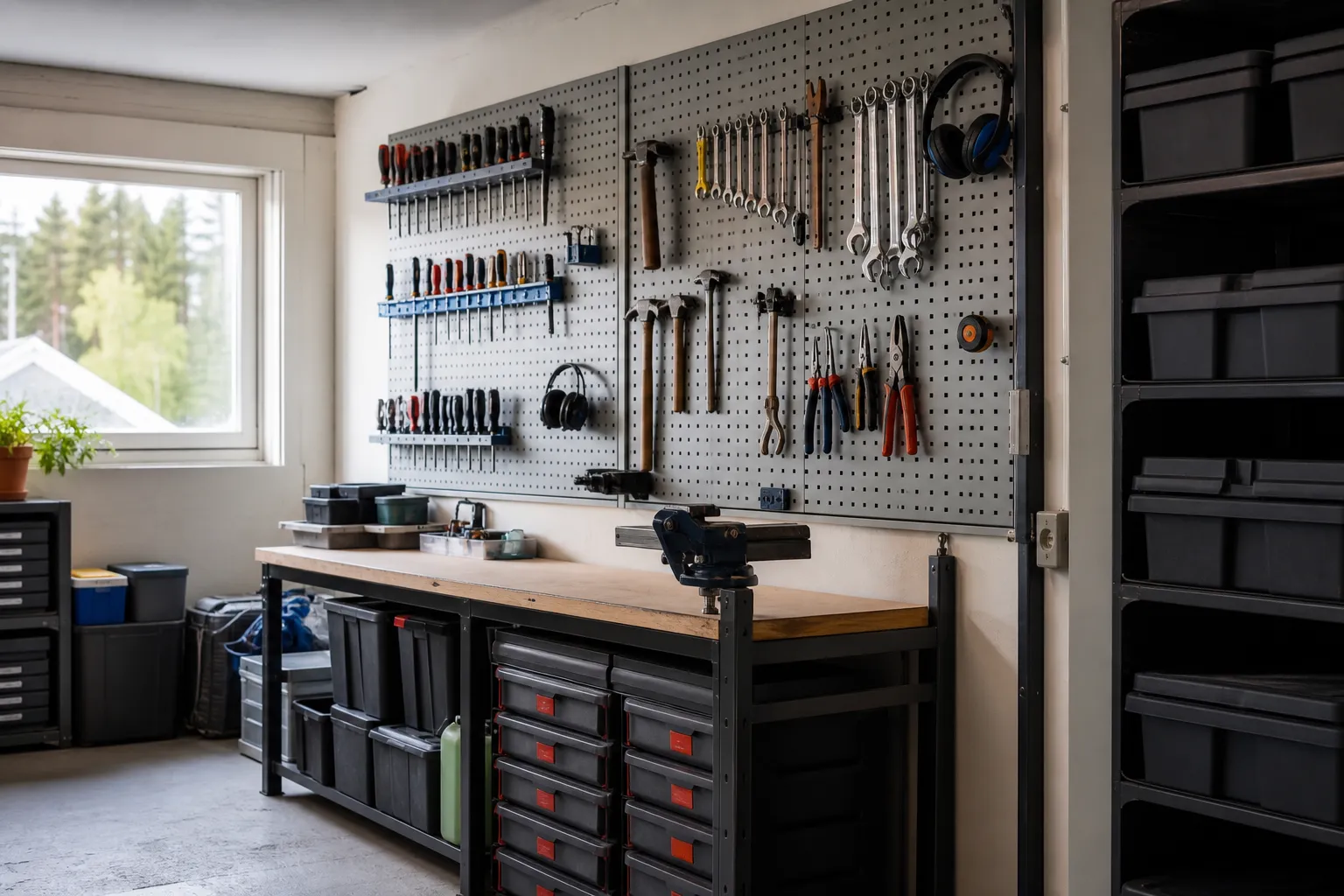 Ordnad verktygsvägg med handverktyg och lådor i ett svenskt garage