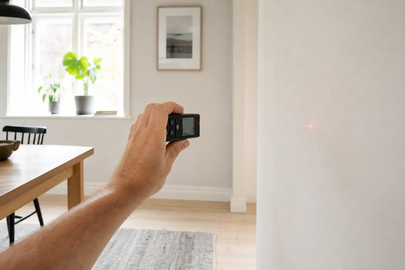Laseravståndsmätare hållen mot en vägg i ett ljust rum med display som visar ett mätvärde