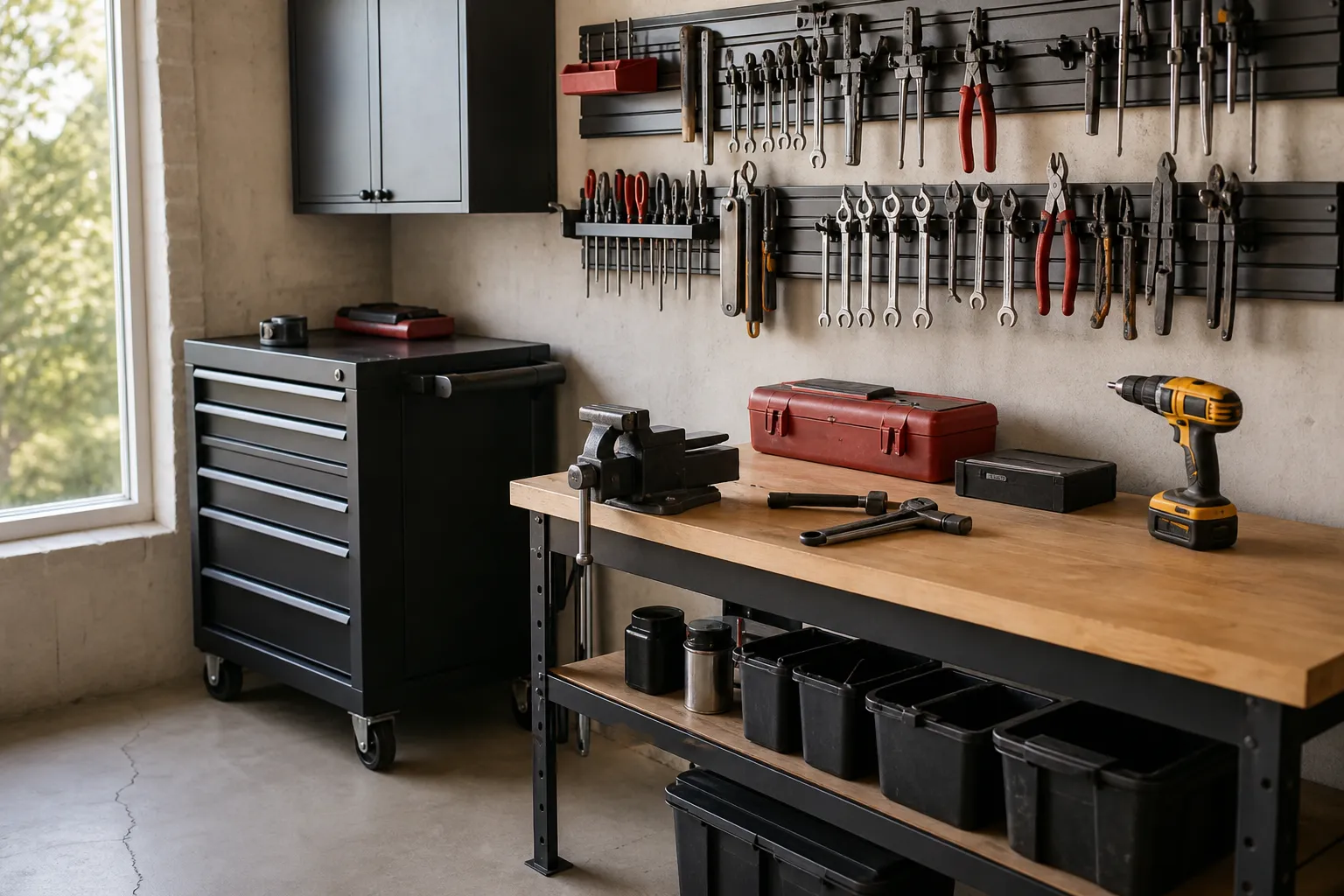 Verktygsvagn, verktygslåda och väggsystem med handverktyg i en garageverkstad